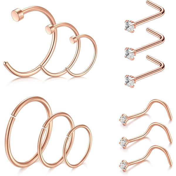 6 Piercings Nez Anneaux Acier Chirurgical - Nose Stud Avec Pierre CZ 1.5mm 2mm 2.5mm