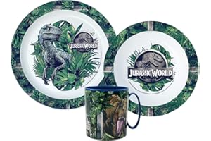 OM SUPPLIES Jurassic Cartoon Character Dinner Tableware Set 3pcs Plate, Bowl & Mug, BPA Free re-usable Plastic Microwave Safe (Jurassic World)