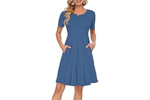 AUSELILY Abito Casual da Donna a Pieghe a Manica Corta con Lunghezza al Ginocchio con Tasche
