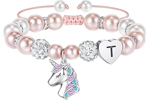 TINGN Unicorn Gifts for Girls - Pink Pearl and Rhinestone Balls Heart Initial Unicorn Bracelets for Girls Jewelry Unicorn Gifts Rainbow CZ Unicorn Bracelet Birthday Unicorn Gifts for Teen Girls Gifts