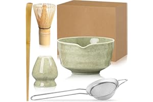 Exquilnova 5 Stück Matcha Set, Keramik Matcha Schale mit Ausgießer, Bambus Matcha Besen, Matcha Whisk, Schaufel, Sieb, Matcha Tee Set Ohne Pulver, Ceremonial Matcha Starter Set (Matcha Grün)