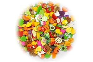 BOSOIRSOU 200 piezas de dijes de limo surtidos,lindos dijes de frutas y verduras, adornos de resina con parte posterior plana para hacer manualidades,adornos,álbumes de recortes, manualidades, estilo aleatorio