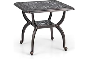 GIANTEX Table de jardin - Résistante aux intempéries - En fonte d'aluminium - Table de balcon carrée avec plateau de rangement et coussinets de pieds réglables - Table d'appoint pour jardin - Bronze