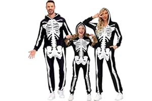 Verve Jelly Halloween Skeleton Outfits Family Pajamas Matching Sets Adult Hooded Zip Up Jumpsuit with Front and Back Skeleton Bone Print For Men, Women, Kids