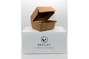 REPLAY Burger Boxes - Eco Friendly & Biodegradable Burger Box Set, Suitable for Chinese Food - Disposable Food Containers, 100% Recyclable - Takeaway Food Boxes 25x Burger Boxes