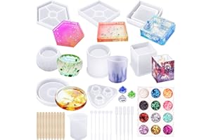 VIPNAJI Moulle Silicone, 50 Pièces Kit Resine Epoxy Complet,Grandde Moules en Resine DIY, Ronds, Carres et Cylindrique, pour Bijoux Stylo Support Pot De Fleurs etc
