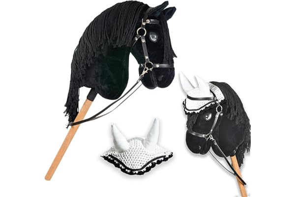 Hobby Horse A3 Frison Noir Ensemble Complet avec Filet, rênes, Mors et Bonnet Blanc. Cheval bâton Noir Frison