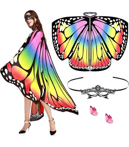 Vlindervleugels Volwassen vlinderkostuums Fairy Wing Cape Dames vlinder sjaalsjaal kleurrijke vlinder cape nimph pixie kostuum accessoire voor kerst Halloween cosplay (kleurrijk