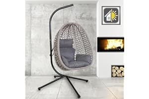 GOODS EMPORIUM Luxury Folding Hanging Rattan Egg Swing Chair Patio Garden Cocoon Relaxing Hammock with Cushions (Grey, Single)