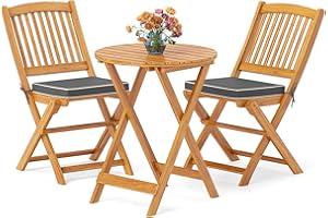 GIANTEX Conjunto de Bistró 3 Piezas Plegables, 2 Sillas con Cojines Acolchados y 1 Mesa Redonda, Muebles de Madera de Acacia, Juego de Mesa y Sillas de Exterior para Jardín, Balcón (Gris)