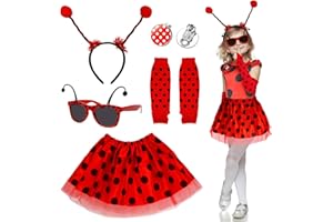 Fennoral 5tlg Marienkäfer Kostüm Mädchen Ladybug Tutu Rock mit rot-schwarz Haarband Ohrclips Ärmeln Brille Marienkäfer Cosplay Kleidung Kinder für Halloween Karneval Geburtstag Mottoparty Fasching