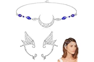 HIFOT 2pcs Bohemia Moon Head Chain, Elf Ear Cuffs and Vintage Crystal Headpiece, Hair Chain Stud Earrings Silver Hair Jewellery, Festival Hair Accessories for Women Girls Prom Cosplay Party Tiara