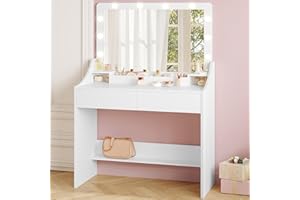 Hzuaneri Tocador de Maquillaje, Tocador con Espejo HD Grande e Iluminación LED, 2 Cajones, Tablero Dividido, Dormitorio, Vestidor, Moderno, 40 x 80 x 136 cm, Blanco DT43103XEU