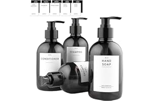 MONOKO 4er Set Seifenspender Kunststoff Schwarz 300ml Flasche - Plastik Shampoo Spender zum Befüllen - Pumpflasche + Aufkleber