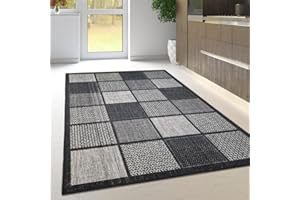 Viva Rugs Non Slip Rug Kitchen Living Room Fat Weave Check Carpet Small Large Runner Mat (120x160cm - 4'x5'3" ft, Black Checkered)