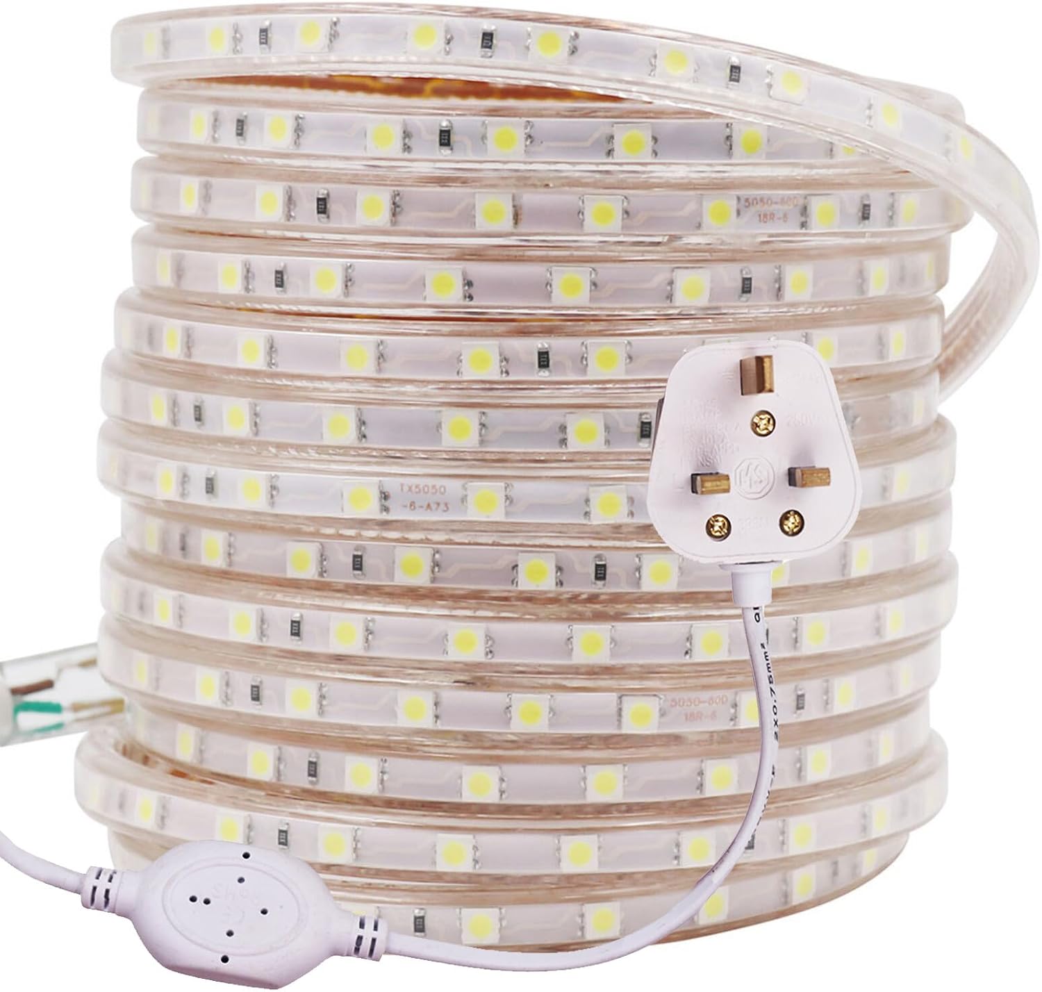 GQL 2m LED Strips Lights White, 220V- 240V Ribbon SMD 5050 60leds/m Rope Lighting, IP65 Waterproof, No Self Adhesive, DIY Home Kitchen Bar Decking Holiday Christmas Indoor Decoration