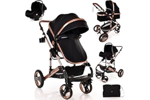 BAYOBAY Baby Stroller Pram Pushchair Buggy Lightweight Folding Strollers 3 in1 Travel System Baby Trolley Baby Pram for Newborns Toddlers 0-36 Months from Birth… (Black - Rose Gold Frame)
