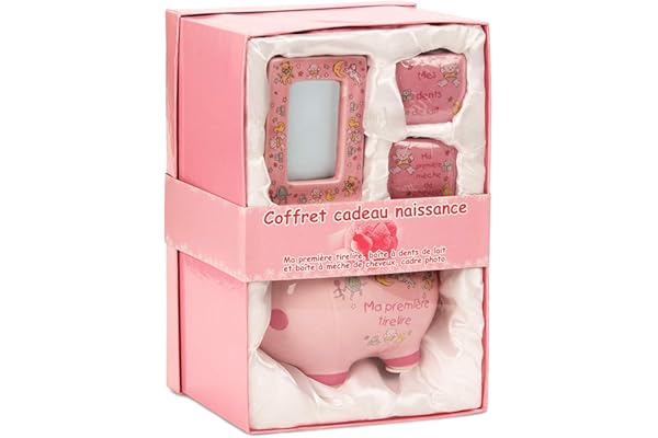 BRUBAKER - Coffret cadeau Bébé/Naissance - 4 Pièces - Ma première tirelire, Boîte à dents de lait, Boîte à mèche de cheveux & Cadre photo - Rose/Fille - Français