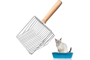 MisFun Râteau Litiere Chat, Pelle Litiere Chat Metal, Pelle a Pellets Granulés, Pelle à Litière avec Manche en Bois, Chat Accessoire, pour Animaux Domestiques, Chiens, Chats (Argent)