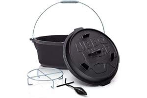 BBQ NERD BBQ-Nerd© Dutch Oven"Professional" 7,3 L con soporte | ya quemado - Preseasoned | Cacerola de hierro fundido con tapa y sartén integrada | Parrilla y olla de camping ignífuga con elevador de tapa