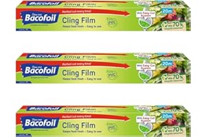 BBLISS 3 X PVC Free Cling Film with Easy-Cut 32.5cm x 20m - Pack of 3 | Easy-Cut Design | Kitchen Essential | Total 60m of Cling Film (Pack of 3)