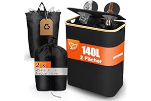 SOUTHGATE Pfandflaschen Sammelbehälter 2 Fächer, 140L Pfandbehälter, Leergut & Altglas Aufbewahrung mit Loch [inkl. 2 XXL Tragetasche], Mülleimer mit Deckel für Küche & Abstellraum, Schwarz