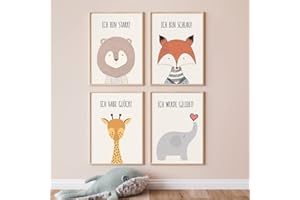 Kackspecht Eummel® Tierische Affirmationsbilder | 4er Set Kundstdruck Bilder | Dschungel Tiere und Motivationssprüche für Kinderzimmer & Babyzimmer | A4 Kinder Deko Poster Jungen und Mädchen