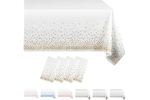 MORAINJAY Obrus imprezowy w białe i złote kropki 4 szt, 137x274cm prostokątny obrus, wodoodporny plastikowy obrus z konfetti na piknik na świeżym powietrzu, wesele, urodziny, świąteczne dekoracje