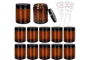 Yishik 8 oz Amber Glass Jars with Lids and Inner Liners,12 Pack Empty Round Cosmetic Containers,Refillable Cream Jars for Lotion,Slime Making