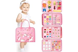 Hahaland Montessori Busy Board for Children of 3+ Years Old, Activity Sensory Book Offers Preschool Educational Skill Learning, Quiet Travel Toys for Plane Car, Birthday Gifts for Girls - Pink Unicorn