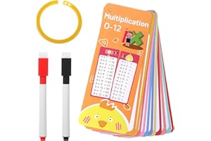 Bewudy 15 fiszek do mnożenia, matematycznych fiszek 0-12, tabeli mnożenia, plakat z 2 markerami suchościeralnymi i 1 pierścieniem do gier dla klas 1-3