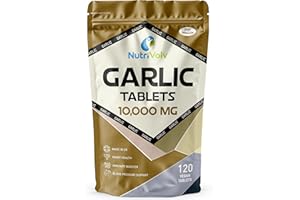 NUTRIVOLV Garlic 10000mg High Strength Supplements Nutrition for Blood Pressure Support, Improved Heart Health, and Robust Immune System — Pack of 120 Healthcare Tablets