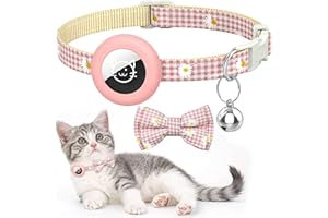 Hacintre Obroża dla kota Airtag odblaskowa z dzwonkiem, nazwiskiem i numerem telefonu można podać, lokalizator GPS, osłona na szyję, regulowana (różowa kratka x 1)