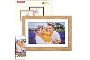APVEELVEER Cadre Photo Numérique Bois WiFi 10.1 Pouces, Mémoire 32 Go, écran Tactile IPS 1280 * 800 HD, Auto-Rotation, Montage Mural, Partage de Photos Vidéos Via Frameo APP, Cadeau Femme Homme, Bois de Chêne