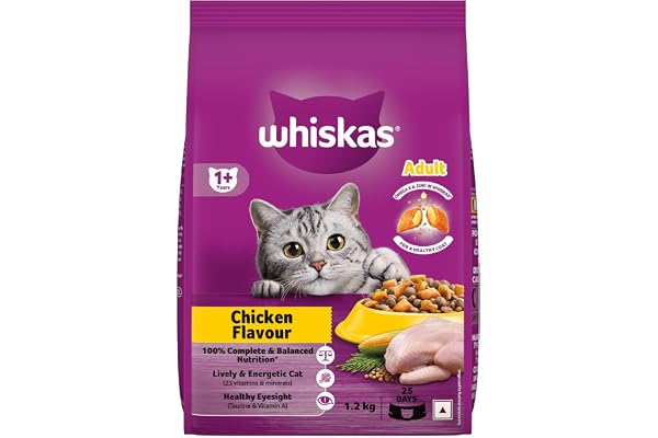 Whiskas Adult (1+ Years) Dry Cat Food, Chicken Flavour, 1.2 kg, Contains 41 Essential Nutrients, Complete & Balanced Nutrition for Adult Cats