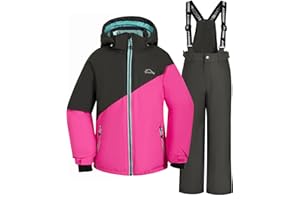 SMONTY Combinaison de neige pour filles Ensemble veste et pantalon de ski d'hiver bretelles à capuche Coupe-vent Imperméable Chaud
