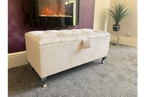 SK LUXURY LIVING Ottoman Storage Box - Engineered Wood Fabric Buttons Luxurious Plush Velvet Ottoman Storage Bench, Perfectly Designed Ottoman for Bedroom Storage (Cream Plush, Legs)