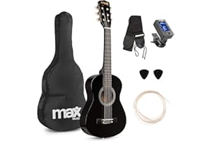 Max SoloArt Junior 1/4 Beginner Acoustic Guitar Starter Kit for Kids, Childrens Wooden Instrument Set with Accessories, Ideal Childrens Beginner Musical Gift, Black