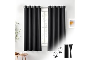 Cozyor 2X blickdichte Vorhänge + 2X Raffhalter mit Magnet, Thermogardine gegen Kälte 100% verdunkelnd, schwarz Eclipse, Gardine mit Ösen für Schlafzimmer, Wohnzimmer, Kinderzimmer 160x135 cm