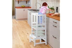 COSYLAND Height Adjustable Kids Kitchen Step Stool – Sturdy Learning Helper Standing Tower for Kitchen Counter, Bathroom – Nursery Child Stand Helper (White)