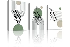 WENGTIAO 3 Pezzi Stampa su Tela Boho Astratto Geometrico Linea Con Cornice Quadro su Tela Immagini Verde Salvia Minimalista Piante Quadro Moderno Soggiorno Camera da Letto Decorazioni Parete 30x40 cmx3