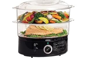 BELLA Two Tier Food Steamer, Healthy, Fast Simultaneous Cooking, Stackable Baskets for Vegetables or Meats, Rice/Grains Tray, Auto Shutoff & Boil Dry Protection, 7.4 QT, ck