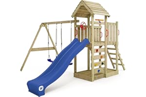 WICKEY Wooden climbing frame MultiFlyer with wooden roof, swing set & blue slide, Outdoor kids playhouse with sandpit, climbing ladder & play-accessories for the garden