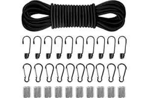 SOYANN Cuerda Elástica de 6mm x 10m, Cuerda Elástica Fuerte Segura con 10 Ganchos de Cuerda, 10 Mosquetón y 10 Mangas de Aluminio, Pulpos Elasticos para Lona, Camping, Kayak, Remolque - Proyecto de Bricolaje