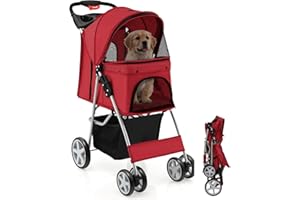 Maxmass Travel Pet Stroller, Foldable Small Medium Sized Dog Cat Trolley with Storage Basket, Safety Belt and Cup Holder, 4 Wheels Puppy Pushchair (Red)