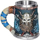 OTARTUDE Valhalla - Boccale da birra in acciaio inox, con manico singolo, motivo: teschio da guerriero, stile nordico, 550 ml