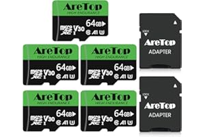 AreTop Carte Micro SD 64Go, Carte SD Lot de 5, SDXC, U3, V30, C10, UHS-I, Carte Mémoire avec Adaptateur pour Tablette/Drone/Dash Cam/Camera/Phone/Nintendo-Switch/PC，Lecture maximale 90 Mo/s