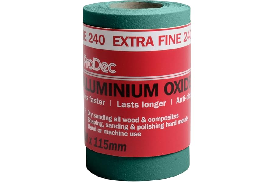 ProDec 5m Roll 240 Grit Extra Fine Grade Green Aluminium Oxide Abrasive Sanding Paper for Sanding Wood, Paint, Plaster, Filler, Metal and More, 115mm Wide Sandpaper Compatible with Machine Sanders