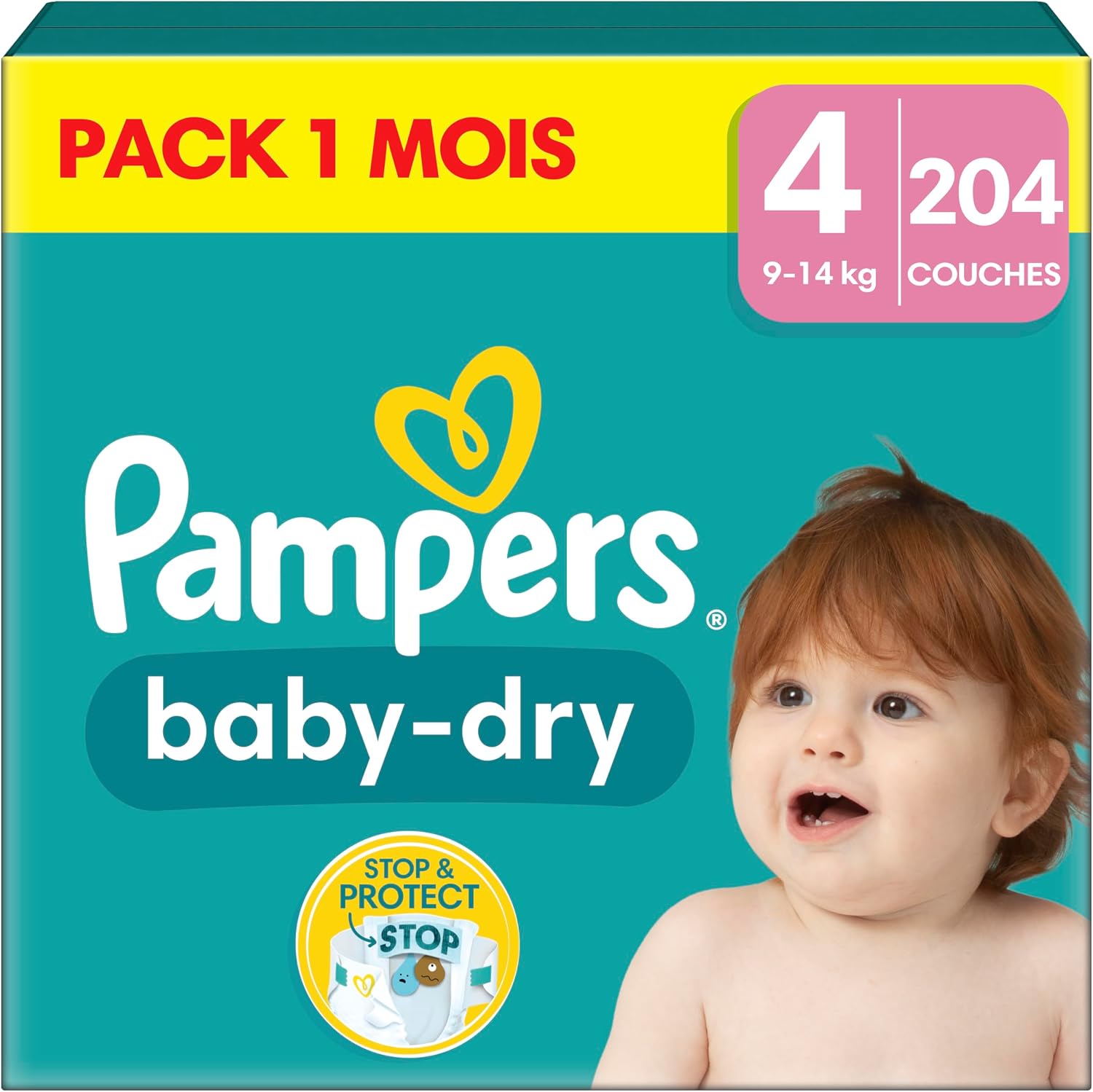 Pampers Baby-Dry Taille 4, 204 Couches, 6kg-14kg, Avec une Poche Stop & Protect à l’arrière de la couche pour une nuit jusqu’à 100 % sans fuites