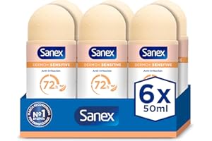 Sanex Dermo+ Sensitive Desodorante Antitranspirante Roll-On 72 Horas Pack 6 x 50ml - Protección eficaz contra el sudor y el mal olor – Dermatológicamente testado – 0% alcohol* - Para piel sensible